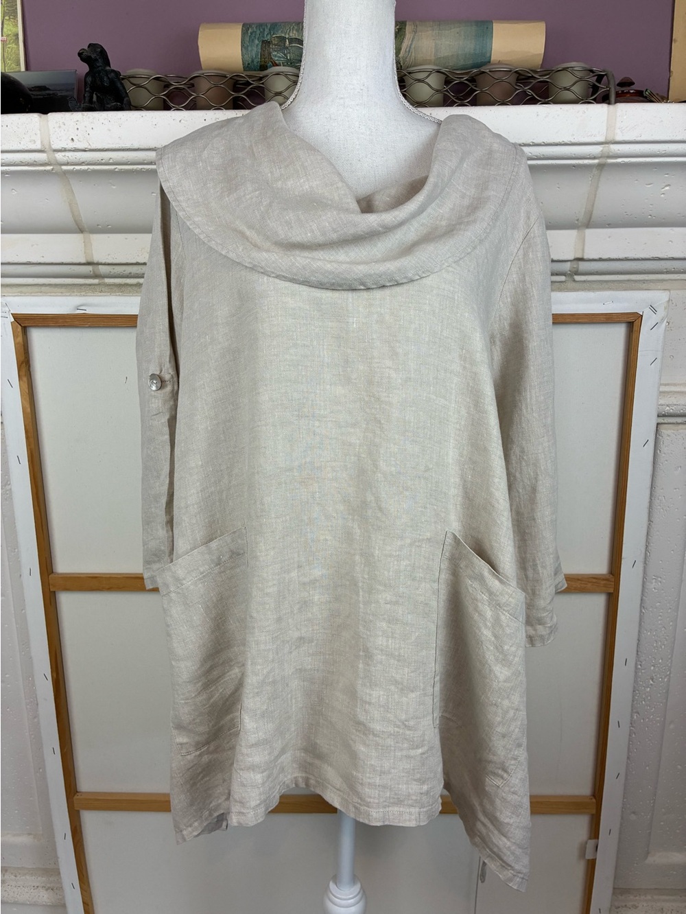 Relaxed Linen Tunic w-Draped Cowl Neck & convertible sleeves great pockets!